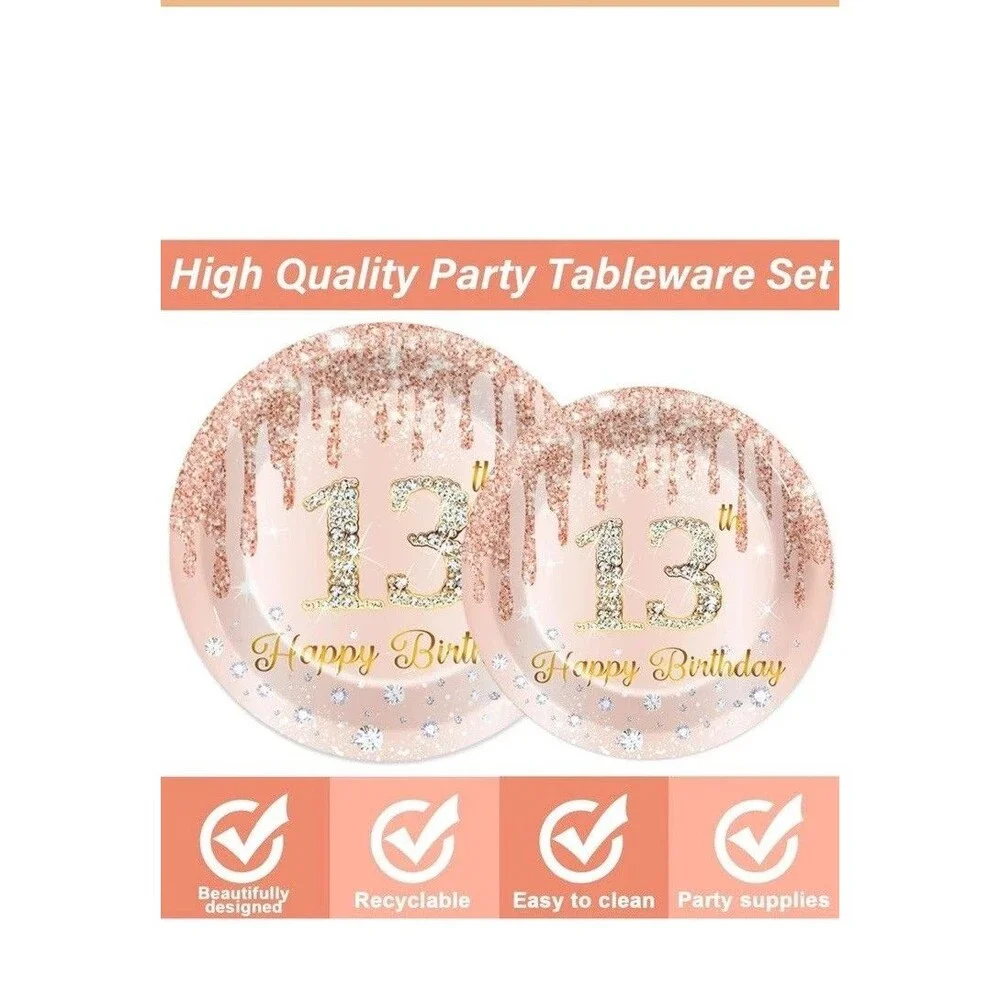 96 Pcs Rose Gold 13th Birthday Party Plates and Napkins for Girls Rose Gold